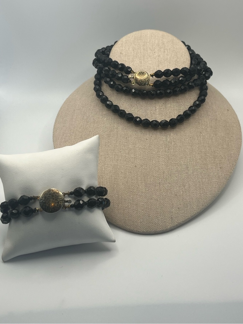 Vintage Faceted Black Bead Necklace and Bracelet with Gold Box Clasp